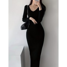 Vintage Long Sleeve Sweater Dress | Women’S Mid-Length, Waist-Cinching, Slim-Fitting Bodycon V-Neck Dress for Autumn and Winter, Perfect as Coat Matching Inner Wear