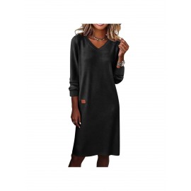 Fashion Women’S Solid Color Long Sleeves Drop Neck Gathering Dress | Black Gray Khaki Red, V-neck, Midi Length, Three Quarter Sleeves, Casual Style, USMIXI Brand