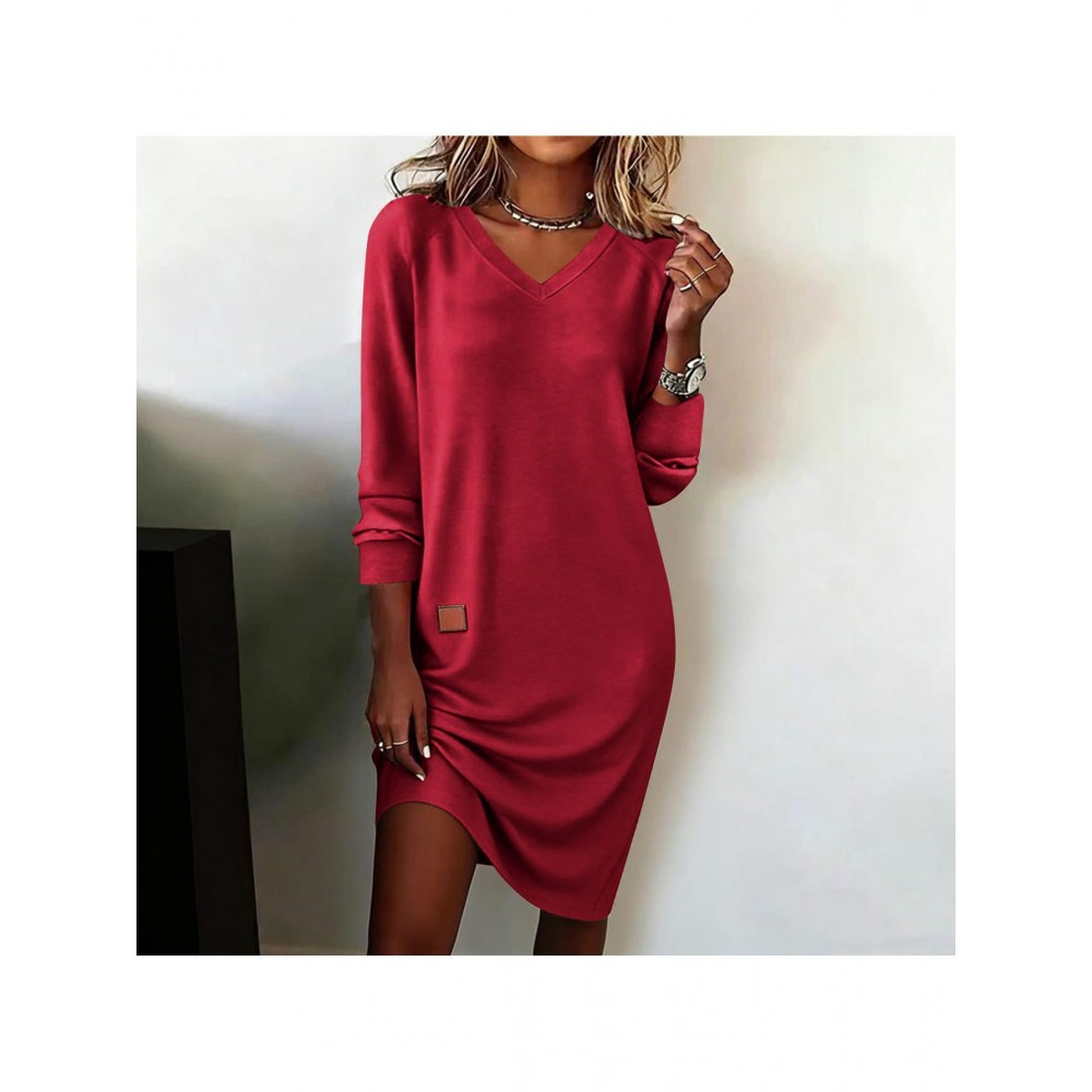 Fashion Women’S Solid Color Long Sleeves Drop Neck Gathering Dress | Black Gray Khaki Red, V-neck, Midi Length, Three Quarter Sleeves, Casual Style, USMIXI Brand