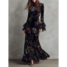 Blue Retro Printed Velvet Cheongsam Dress for Women | Slim Fit, Chinese Style, Deep V Neck, Long Sleeve, Elegant Long Dress Perfect for Spring/Fall Banquets and Parties