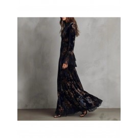 Blue Retro Printed Velvet Cheongsam Dress for Women | Slim Fit, Chinese Style, Deep V Neck, Long Sleeve, Elegant Long Dress Perfect for Spring/Fall Banquets and Parties