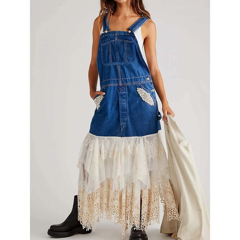 [Printed Pants – Not Denim Fabric] Faux Denim Irregular Lace Patchwork Jumpsuit with Pockets