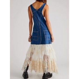 [Printed Pants – Not Denim Fabric] Faux Denim Irregular Lace Patchwork Jumpsuit with Pockets