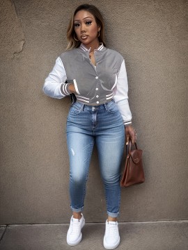 Color Block Button Front Jacket, Casual Long Sleeve Baseball Jacket For Fall & Winter, Women's Clothing