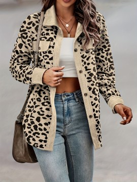 Leopard Print Button Plaid Jacket, Casual Flap Pockets Long Sleeve Jacket For Fall & Winter, Women's Clothing