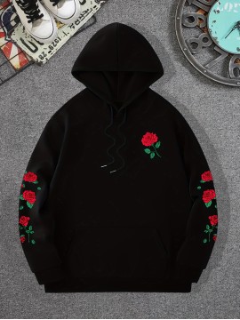 Red Rose Print Men's Hooded Sweatshirt - Casual Long Sleeve Pullover for Autumn/Winter - Great Gift for Men