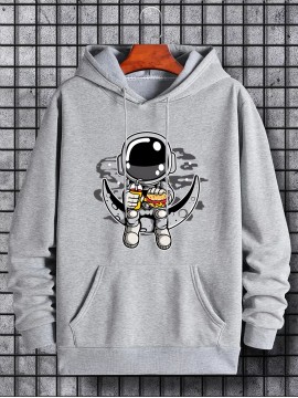Cartoon Astronaut & Moon Print Hoodie, Hoodies For Men, Men's Casual Graphic Design Pullover Hooded Sweatshirt With Kangaroo Pocket Streetwear For Winter Fall, As Gifts